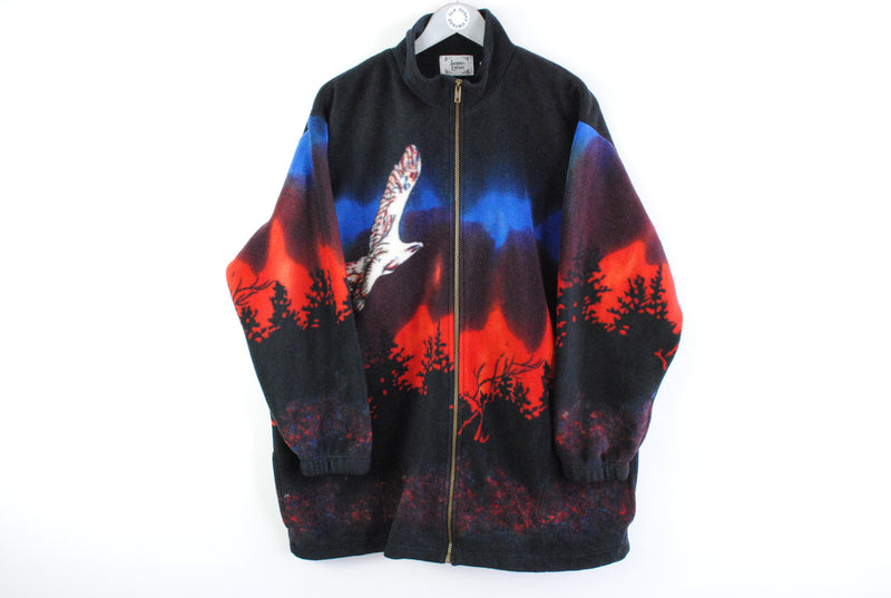 Vintage Jacques Lorant Full Zip Fleece Medium  eagle forest animal pattern nature print blue red black sweater jacket