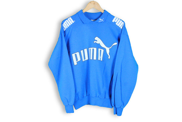 Vintage Puma Sweatshirt Medium big logo blue bright shirt collared 90's wear retro rare hipster clothing