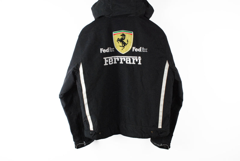 Vintage Ferrari Jacket Large michael schumacher black big logo marlboro fedex michelin hooded 90s F1 Formula 1 sport coat