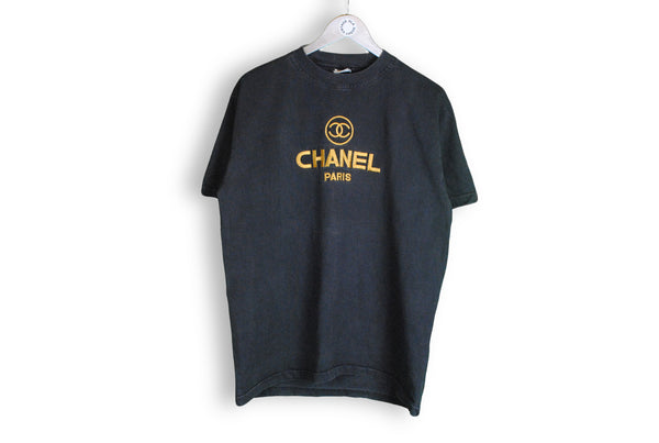 Vintage Chanel Embroidery Logo Bootleg T-Shirt Large / XLarge black gold big logo
