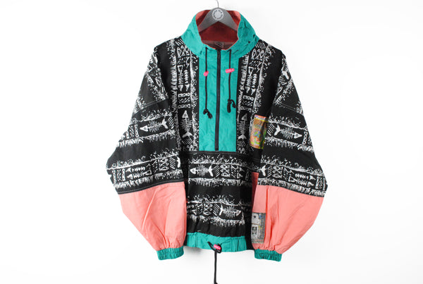 Vintage Converse Anorak Jacket Large crazy pattern abstract fish black pink green big logo 90s windbreaker