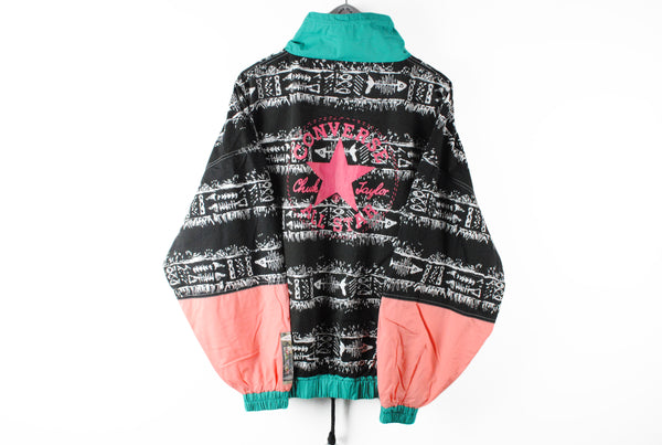 Vintage Converse Anorak Jacket Large crazy pattern abstract fish black pink green big logo 90s windbreaker