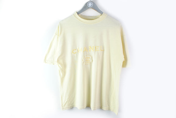 Vintage Chanel Embroidery Logo Bootleg T-Shirt Medium yellow big embroidery logo retro 80s made in Korea cotton tee