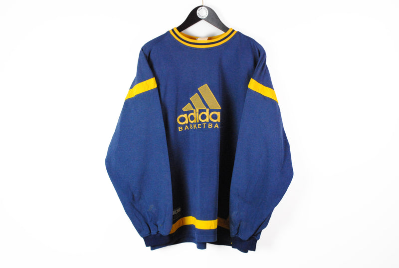 Vintage Adidas Basketball Sweatshirt Large blue big logo 90s blue yellow cotton retro style jumper