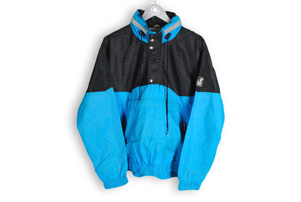 Vintage K-Way Anorak Jacket Small / Medium blue black brigth half zip hooded coat sport clothing 90's 80's style hipster vntg