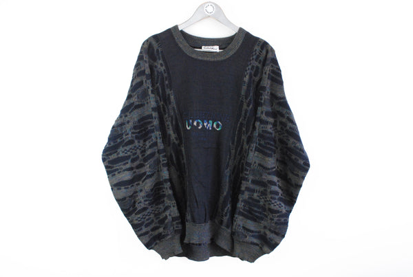 Vintage Carlo Colucci Uomo Sweater XLarge gray navy blue retro 90s big logo made in Germany 