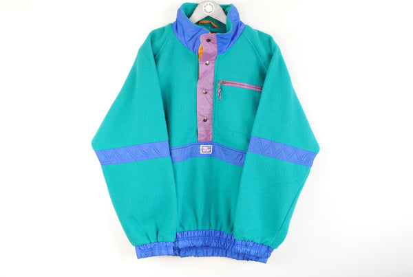 Vintage Fleece Sweater Large free sport green blue retro 90s acid color winter snap button sweatshirt