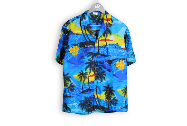 vintage made in Hawaii Shirt blue palm islands ocean beach sea floral aloha shirt pattern
