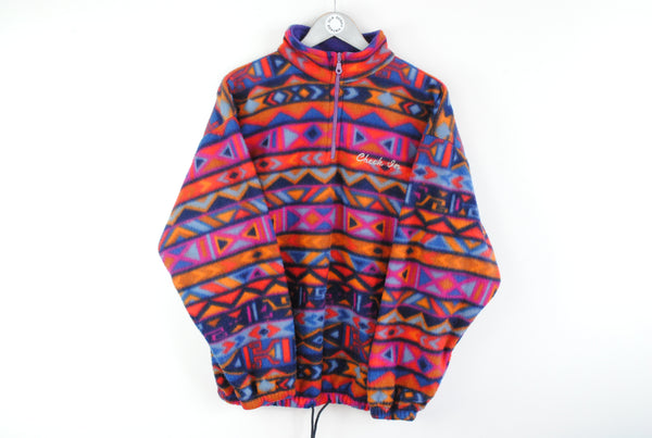 Vintage Fleece Sweater Medium multicolor red orange purple 1/4 zip