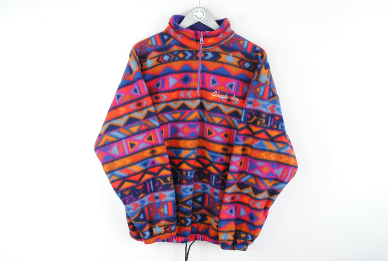 Vintage Fleece Sweater Medium multicolor red orange purple 1/4 zip