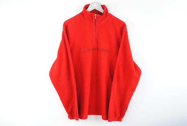 Vintage Champion Fleece Sweater XLarge red big logo 1/4 zip winter sport