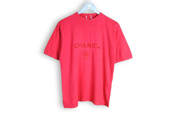 Vintage Chanel Embroidery Logo Bootleg T-Shirt Small / Medium big logo red color 1980s