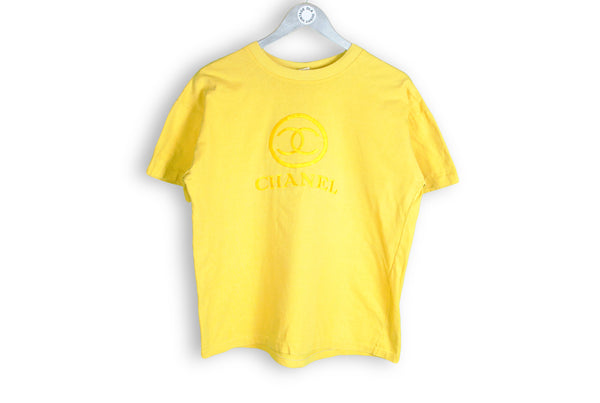 Vintage Chanel Embroidery Logo Bootleg T-Shirt Small big logo yellow bright 80s shirt