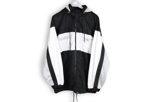 vintage reebok track jacket hooded big logo black white 80s