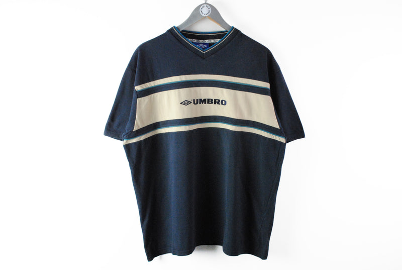 Vintage Umbro T-Shirt XLarge big logo front pring beige blue tee 90s sport