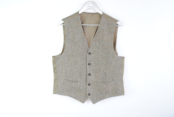 Vintage Harris Tweed Waistcoat Large brown wool retro style 90s Vest Jacket