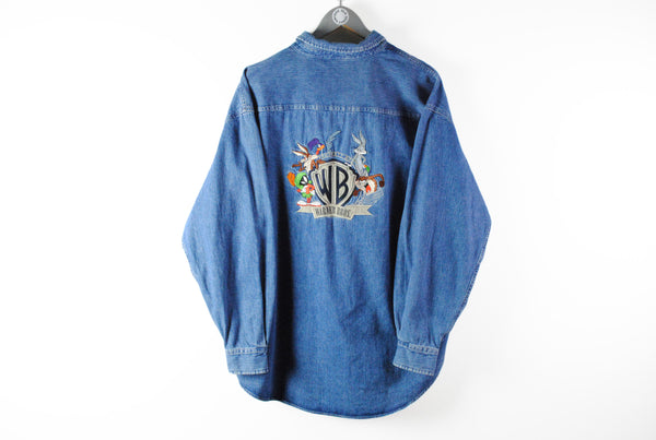 Vintage Warner Bros Denim Shirt XLarge brothers 90s jean shirt long sleeve retro style embroidery logo warner family