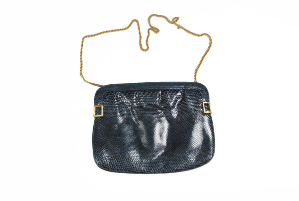Vintage Chloe Shoulder Crossbody Bag Python snake leather Paris blue gold chain