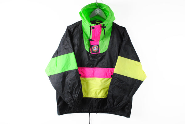 Vintage K-Way International Anorak Jacket Small black multicolor raincoat windbreaker pocket jacket 90s