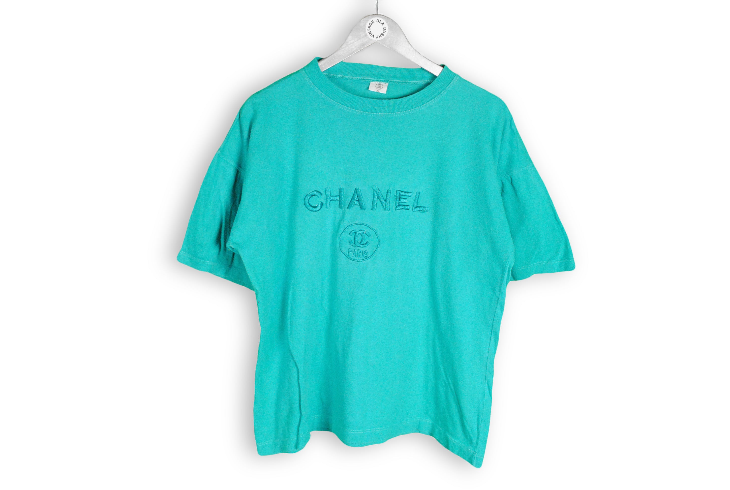 Vintage Chanel Paris Embroidery T Shirt Rainbow Green Luxury