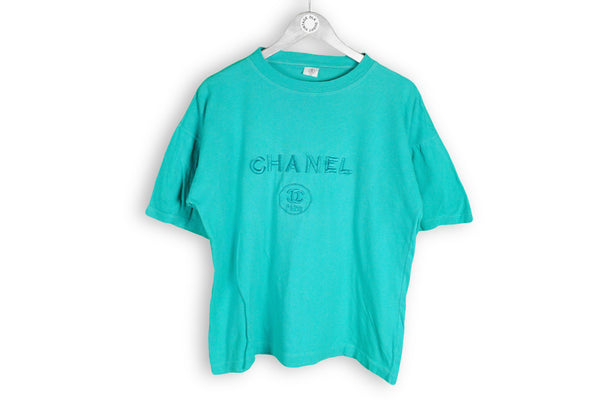 Vintage Chanel Embroidery Logo Bootleg T-Shirt Small big logo cotton blue