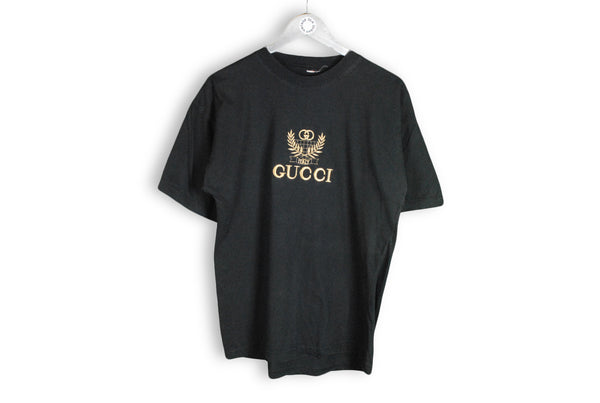 Vintage Gucci Embroidery Logo Bootleg T-Shirt Large black gold big logo