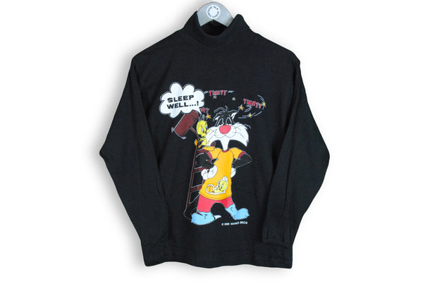 Vintage Tweety & Sylvester Warner Bros 1996 Sweatshirt XSmall looney tunes black big logo turtleneck