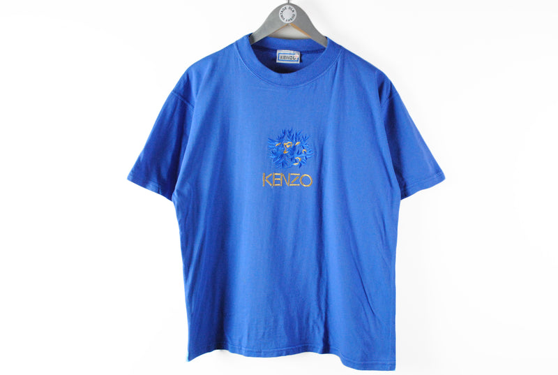 Vintage Kenzo T-Shirt Medium big embroidery logo 80s tee blue