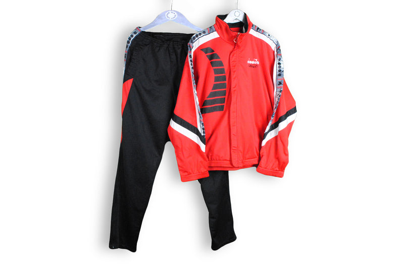 vintage diadora tracksuit big logo jacket and pants black red deadstock italian brand clothing sport