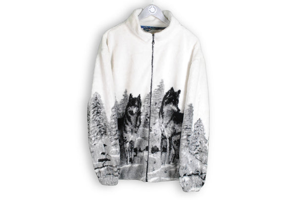 Vintage Wolf Print retro 90s Fleece XLarge white black animal pattern
