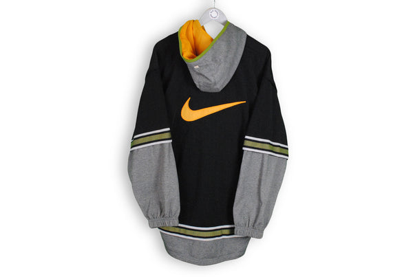 Vintage Nike Full Zip Hoodie Large black gray orange big swoosh logo 90s Basketball Jumper deep hood