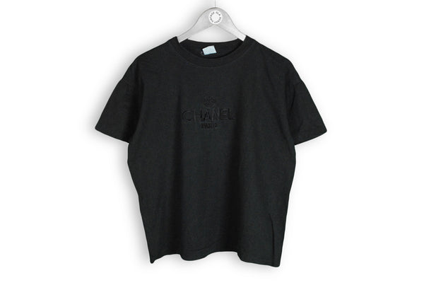Vintage Chanel Embroidery Logo Bootleg T-Shirt black big logo 80s Korea shirt