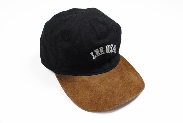 Vintage Lee USA Cap wool and leather black brown big logo hat