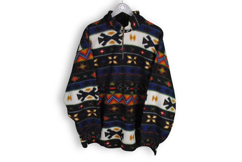 Vintage multicolor Fleece sweater Large / XLarge blue orange abstract pattern 80s 90s
