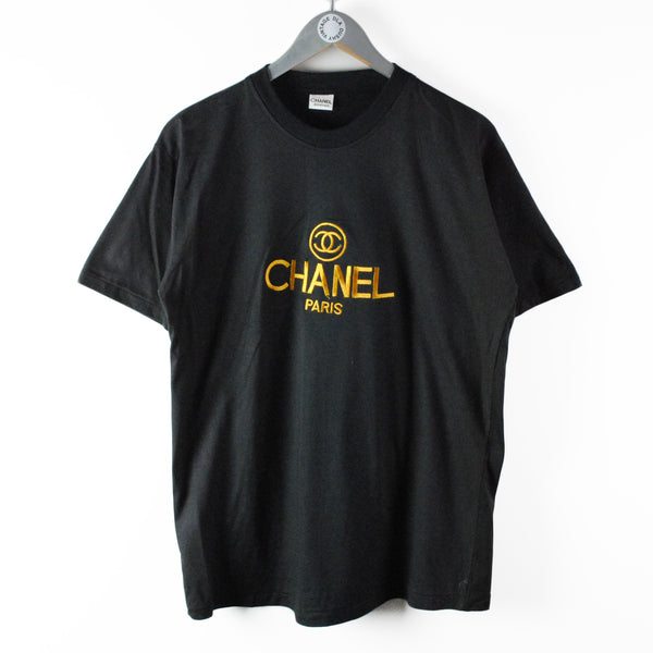 Chanel Runway White Cotton Black 'CHANEL' Short Sleeve Button Collar Shirt