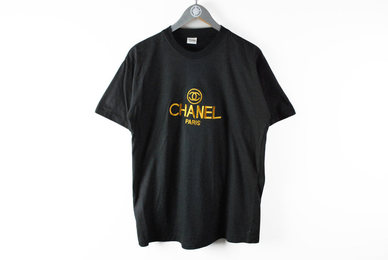  Vintage Chanel Embroidery Logo Bootleg T-Shirt Large / XLarge black gold big logo 80s made in Korea tee