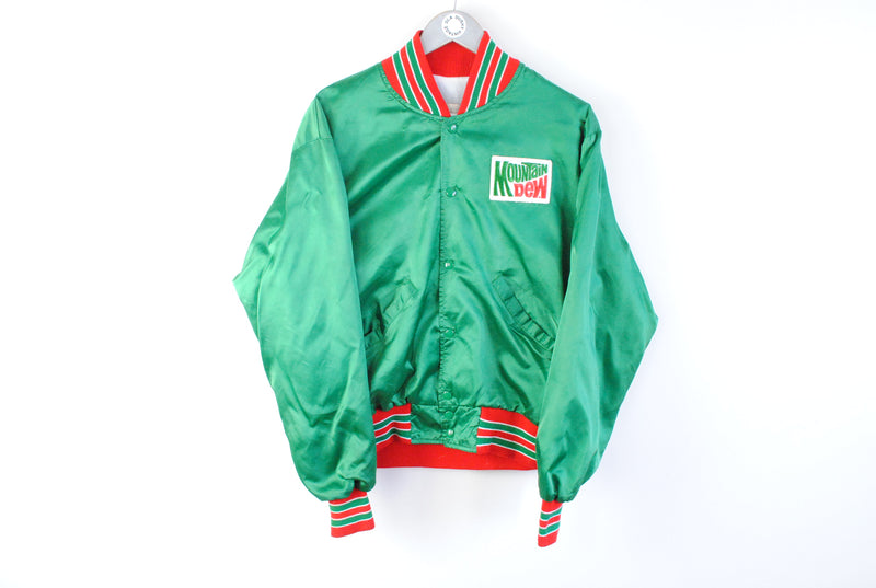 Vintage Mountain Dew Bomber Jacket Large made in USA green big logo snap button DeLong Sport 80s 90s jacket