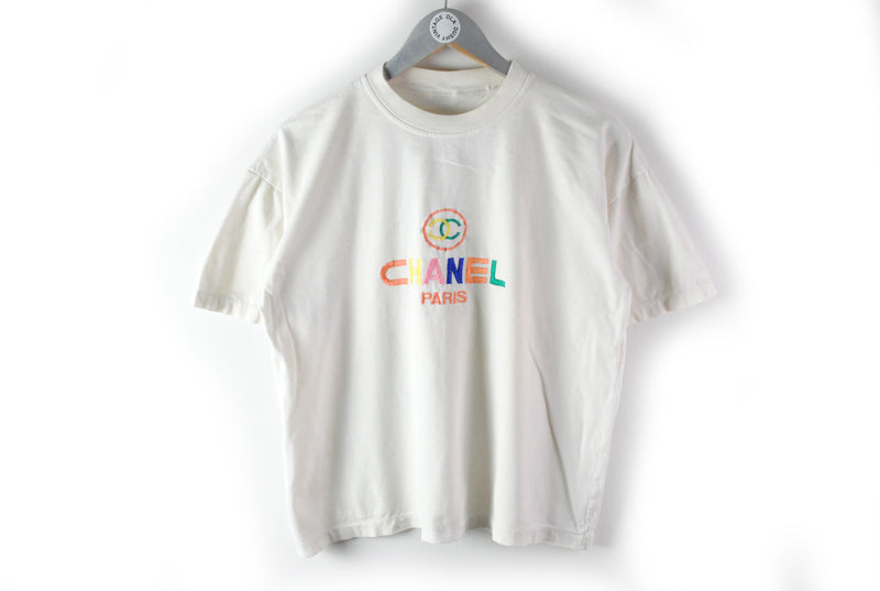 Vintage Chanel Embroidery Logo Bootleg T-Shirt Women's Small / Medium white colorful logo 80s Chanel Paris rare tee