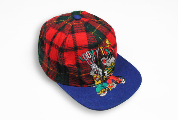 Vintage Looney Tunes Cap warner brothers bros 90s plaid red blue hat