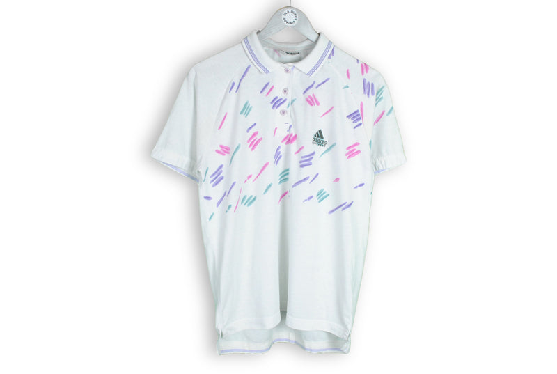 Vintage Adidas Equipment Polo T-Shirt Women's D40 white purple abstract pattern tennis tee