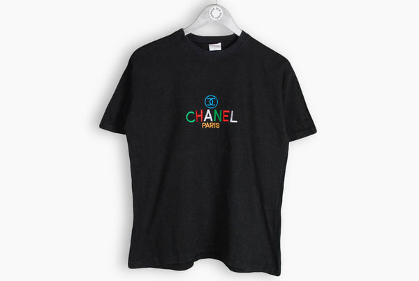Vintage Chanel Embroidery Logo Bootleg T-Shirt Small big logo rainbow multicolor black