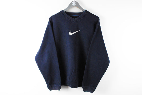 Vintage Nike Sweatshirt Large swoosh front big logo navy blue 90s sport jumper