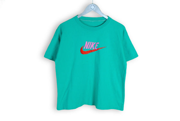 Vintage Nike Bootleg T-Shirt Small green big embroidery logo 80s tee