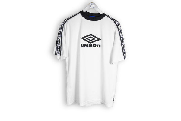 Vintage Umbro T-Shirt Large white black big logo football sport jersey