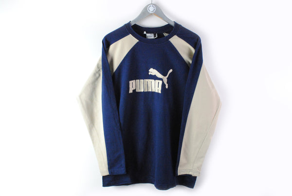 Vintage Puma Sweatshirt Medium / Large navy blue beige big logo retro 90s long sleeve t-shirt