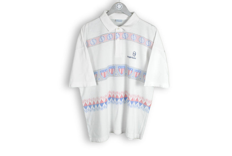 Vintage Sergio Tacchini Polo T-Shirt XLarge white abstract pattern