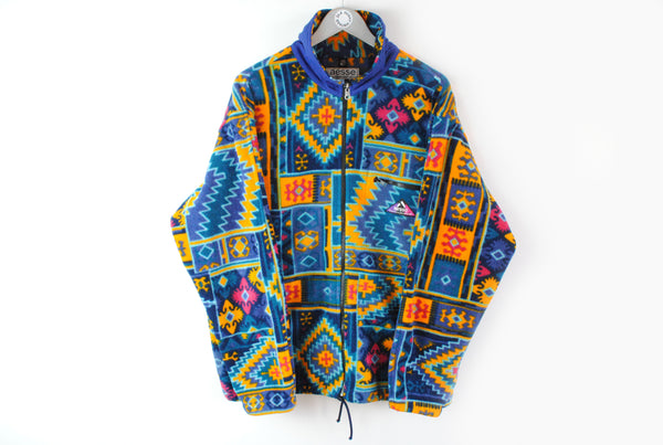 vintage multicolor abstract pattern fleece sweater full zip aessen retro blue yellow jumper ski 80s