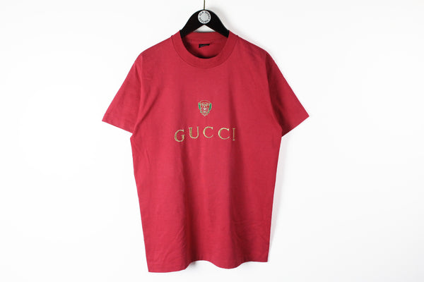 Vintage Gucci Bootleg Big Logo T-Shirt Large / XLarge red embroidery gold fruit of the loom 80s luxury style