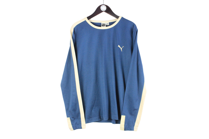 Vintage Puma Long Sleeve T-Shirt Large blue beige 00s retro crewneck sport jumper sweatshirt