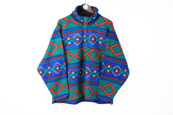 Vintage Fleece Snap Buttons Medium multicolor abstract pattern green blue 90s sport ski style sweater